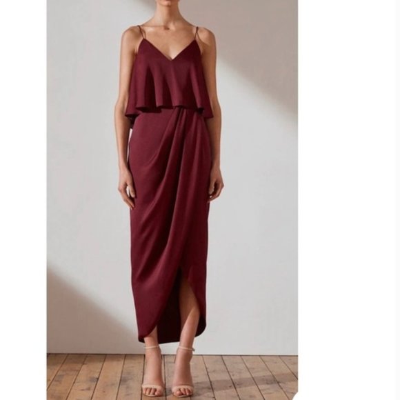 Shona Joy Dresses & Skirts - NWT Shona Joy Burgundy Luxe Cocktail Frill Drape Dress